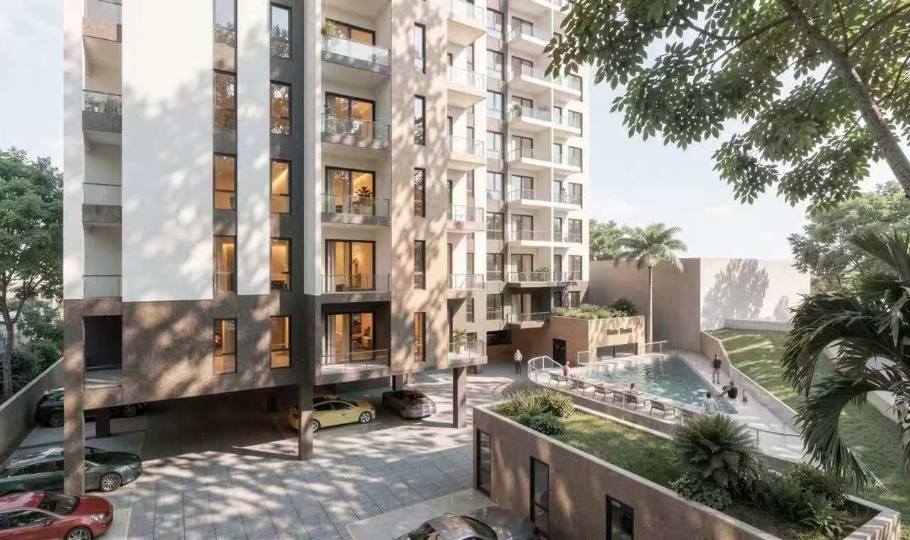 Vanta House courtyard, swimming pool and apartment building